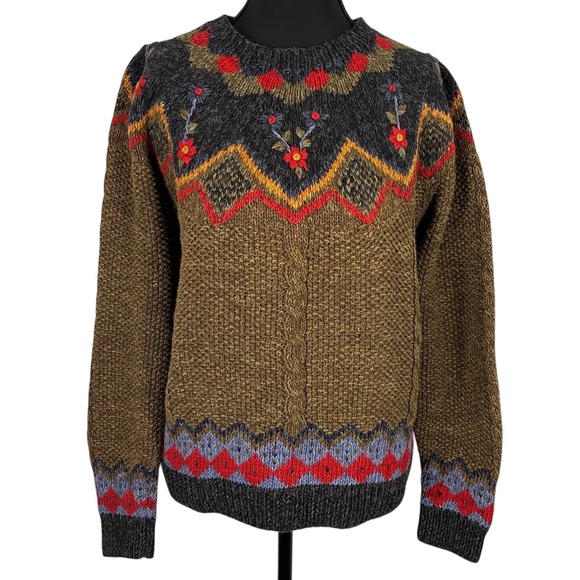 Eagles Eye Womens Size S Brown Fair Isle Floral Knit Sweater Pullover - Picture 1 of 6